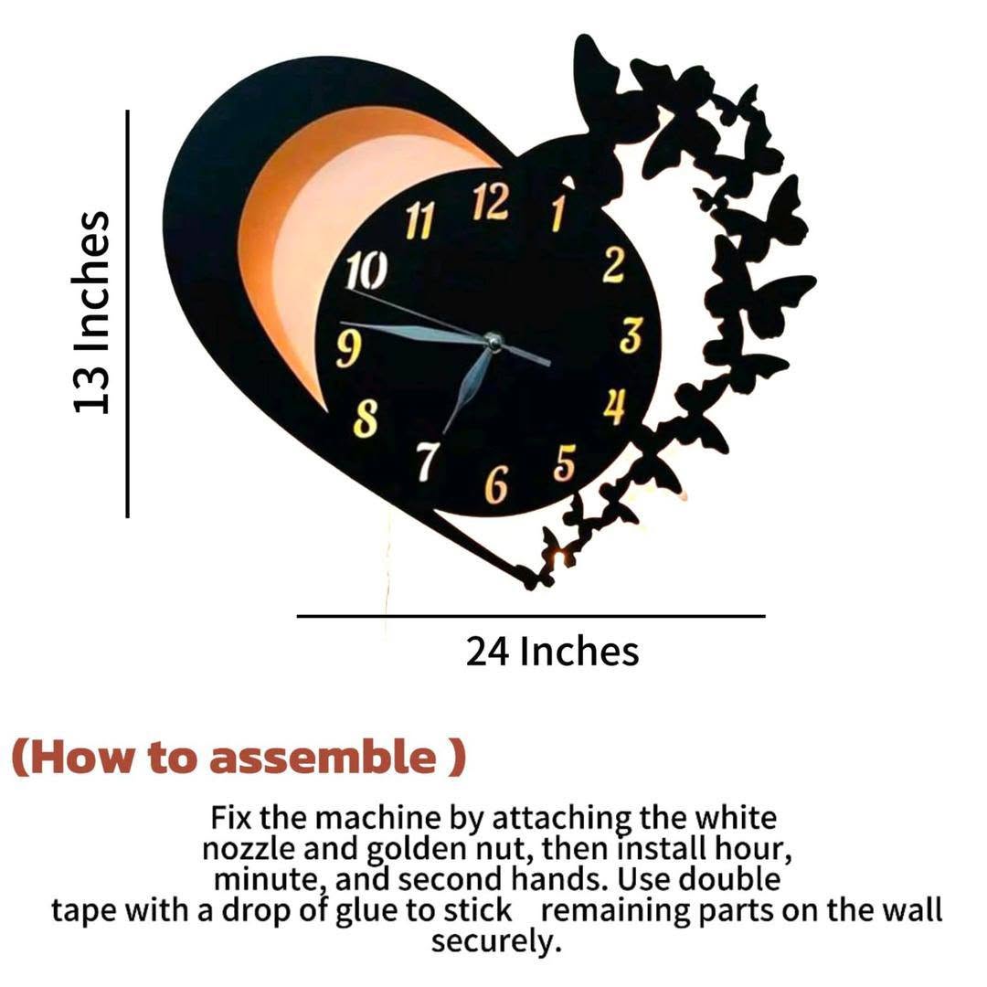 Heart & Butterfly Wall Clock Black