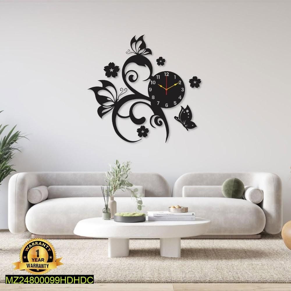 Black Floral Butterfly Wall Clock