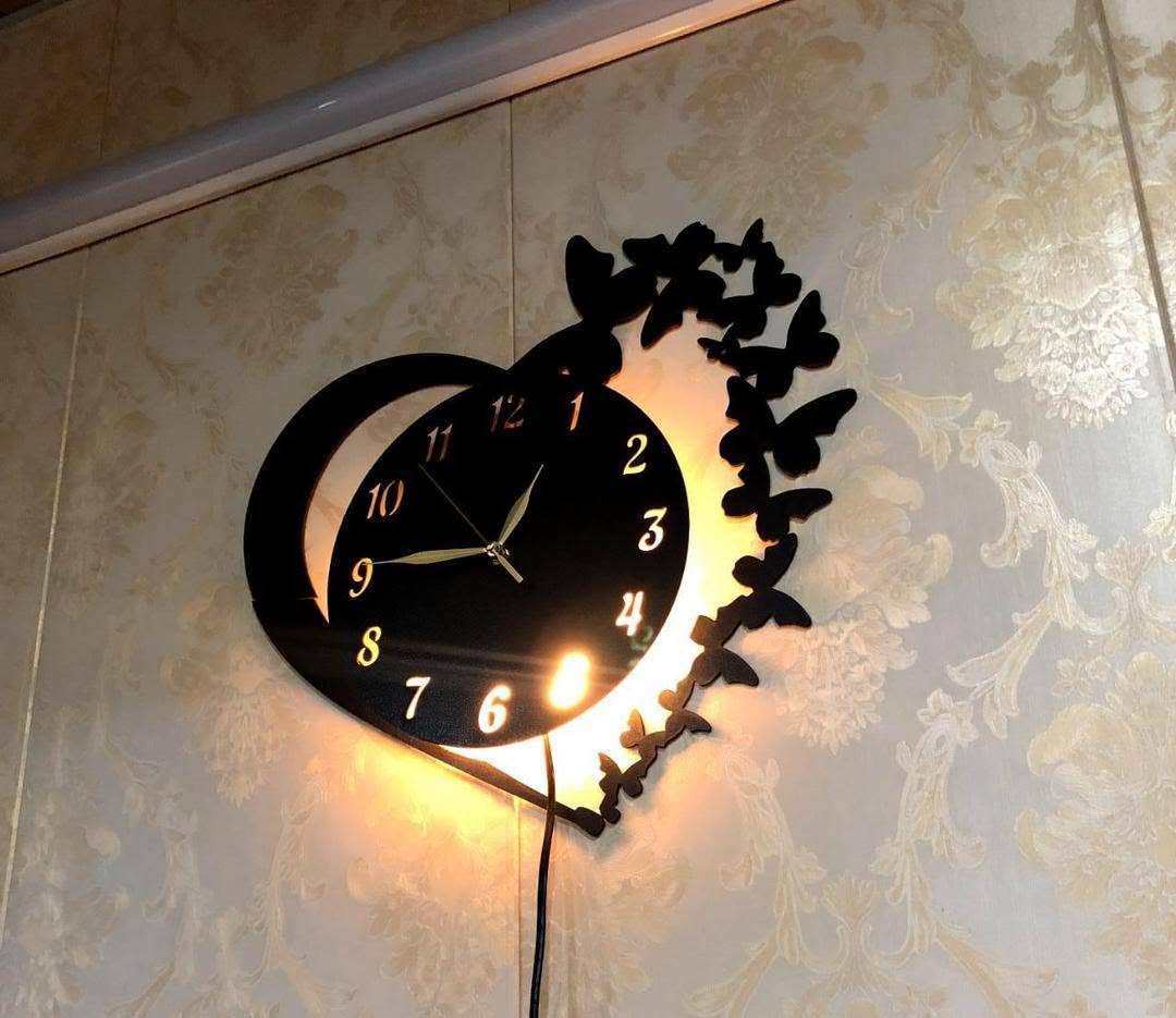 Heart & Butterfly Wall Clock Black
