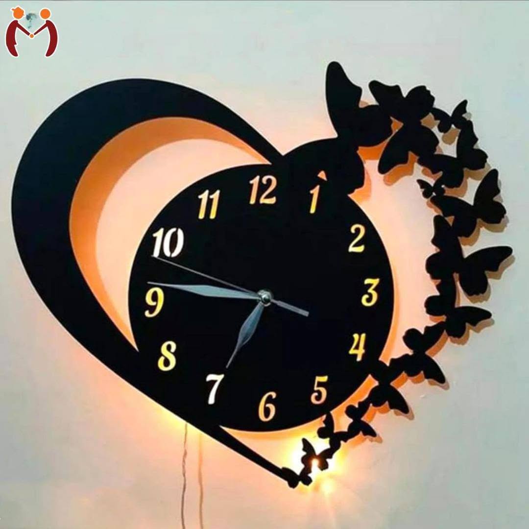 Heart & Butterfly Wall Clock Black